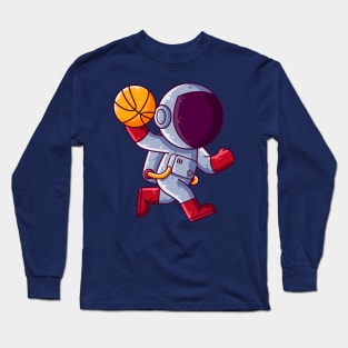 Cute Astronaut Playing Basketball Cartoon Long Sleeve T-Shirt